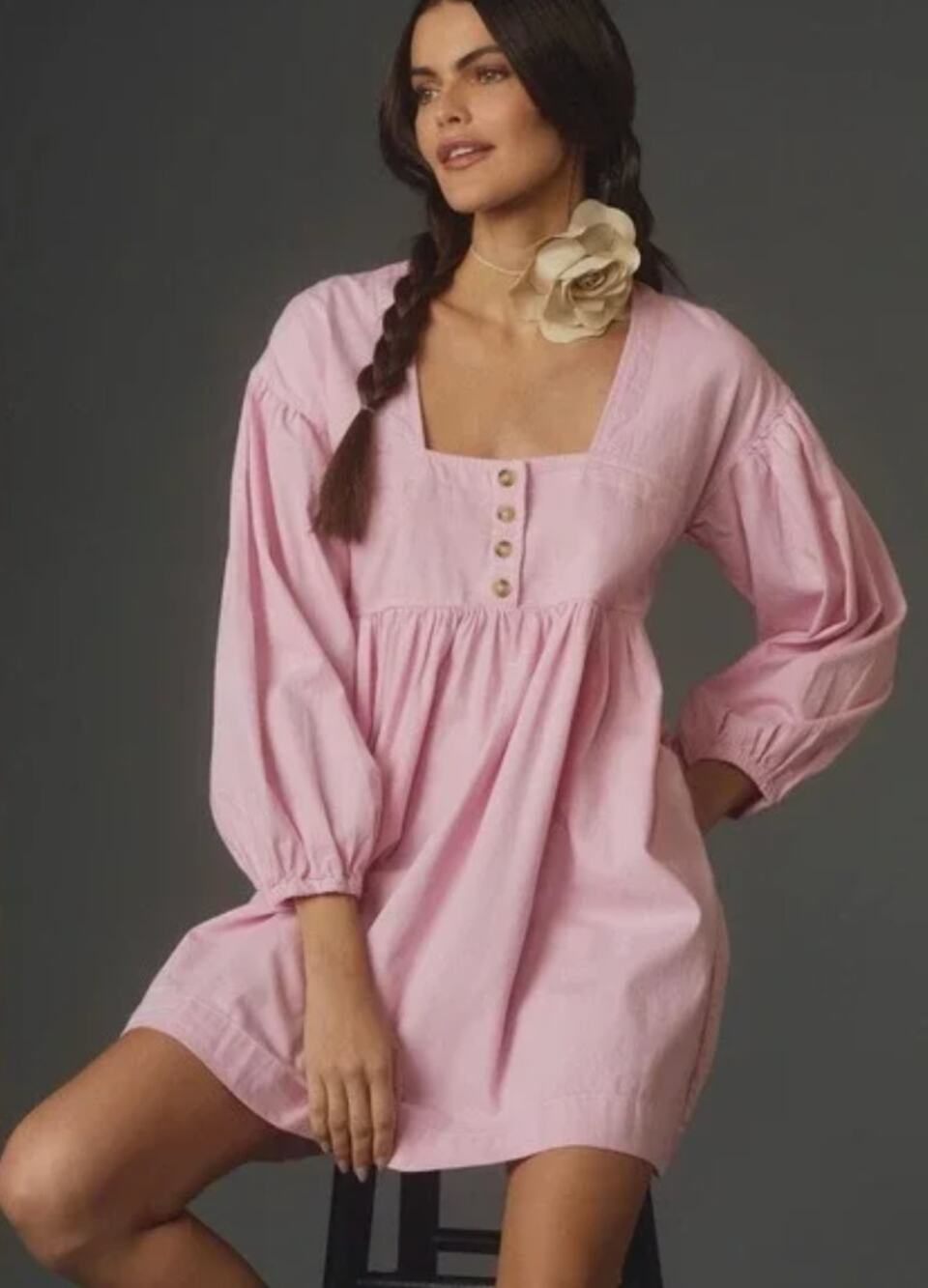By Anthropologie Long-Sleeve Square-Neck Denim Babydoll Mini Dress in Pink Sz L